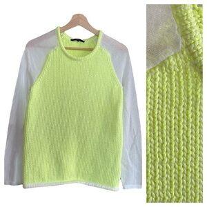 Tibi Neon Yellow White Mesh Sleeve Knitted Sweater